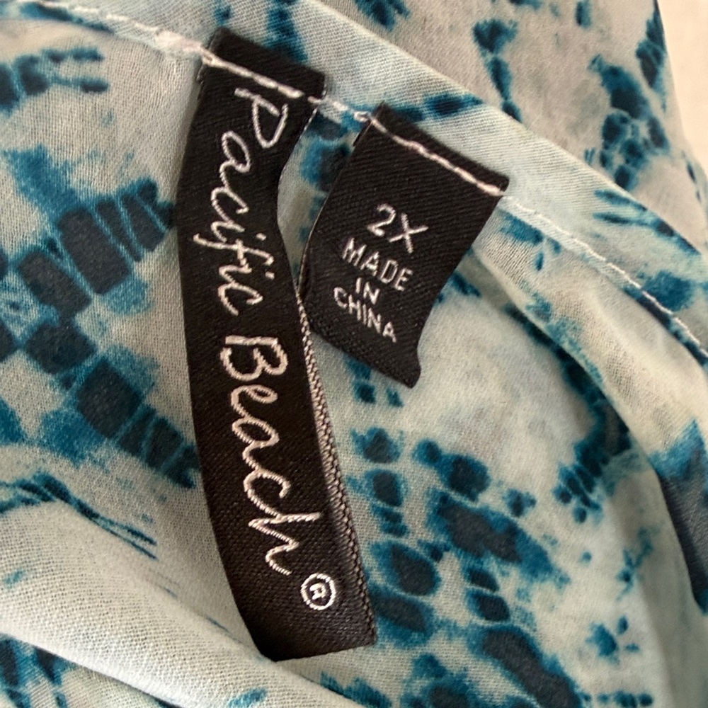 Pacific Beach Teal Geometric Sheer Swim Cover Up Dress 2X V Neck - Elastic Waist - Picture 2 of 8